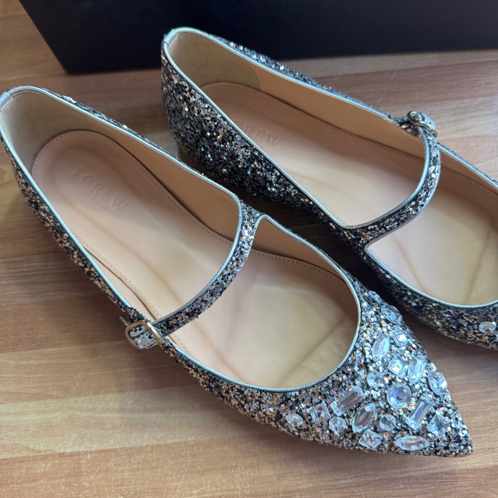 J.Crew Mary Jane flats embellished silver,bronze glitter & rhinestones size 8.5 - Picture 3 of 12